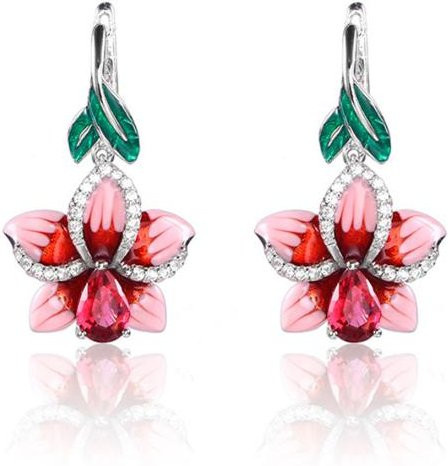 Diamonding Jewelry Ohrringe, Emaille-Blatt-Blumen, Kristall, Silber, Damen - Bild 1