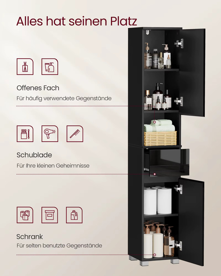 VASAGLE Badezimmerschrank in Schwarz mit Schublade und verstellbaren Ablagen, B/T/H: 30 x 30 x 170 cm - Bild 3