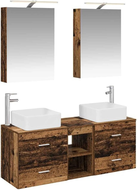vidaXL Badezimmermöbel-Set 5-teilig aus Altholz und Glas in Braun mit LED-Beleuchtung und Spiegelschrank - Bild 1