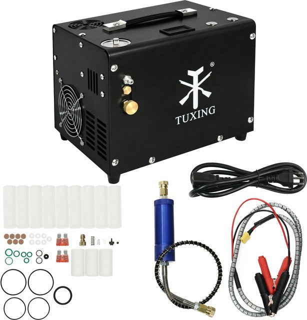 TUXING TXET062 PCP Kompressor mit 12V Stromadapter und Drain System, 4500Psi 300Bar, Schwarz, Öl- und Wasserfrei für Luftgewehre und Luftpistolen - Bild 1