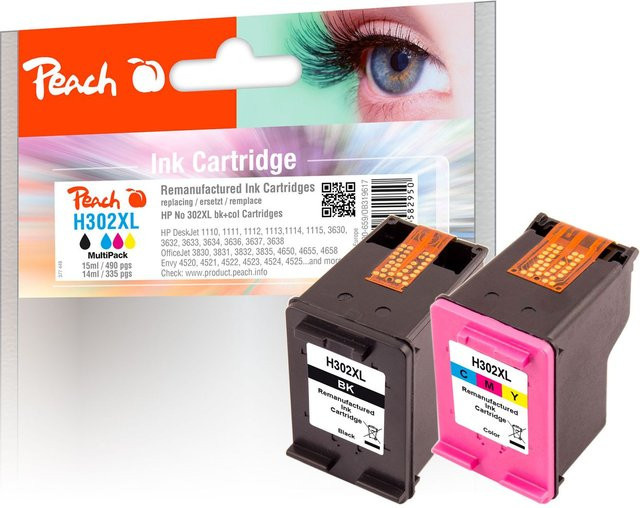 Peach Druckkopf-Sparpack für HP 302XL, Schwarz und Mehrfarbig, ersetzt F6U67AE und F6U68AE - Bild 1