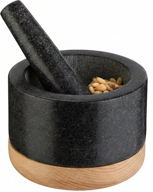 Relaxdays Mörser mit Stößel aus Granit und Holzuntersetzer aus Buchenholz, Schwarz und Grau, B/T/H: 14 x 10 x 14 cm - Bild 1