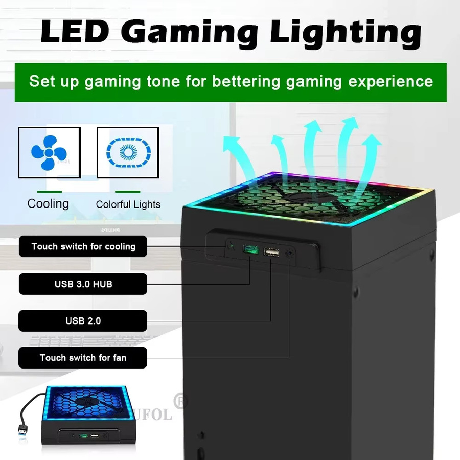 Ispoofer LED-Lüfter für Xbox Series X mit 7 Beleuchtungsmodi und 2 USB-Anschlüssen, Schwarz, Mehrfarbig - Bild 3