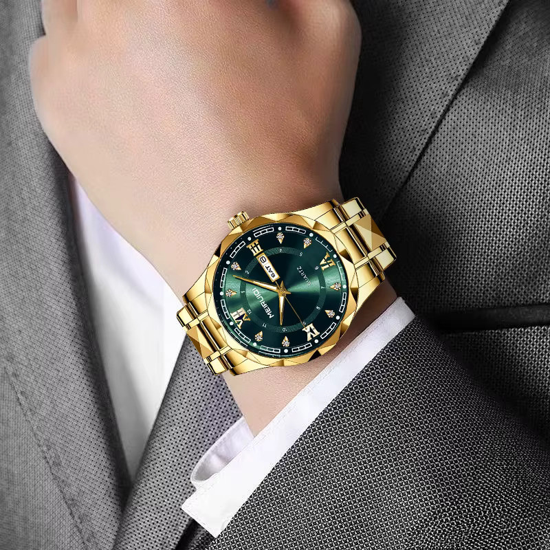 MEIRUIQI Armbanduhr Quarz, Edelstahl, Gold, Grün, Herren - Bild 6