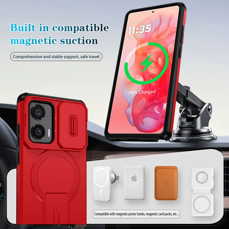 Motorola Luxuriöse Rüstungs-Magnethülle für Moto G Play Power 5G Edge Stylus 2024 2025 in Rot mit Objektivständer und kabelloser Ladehalterung - Bild 4