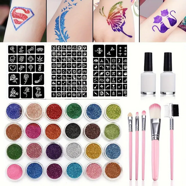 Veronni Temporäres Glitzer-Tattoo-Set, 24 Farben, 2 Kleberflaschen, 3 Schablonenblätter - Bild 1