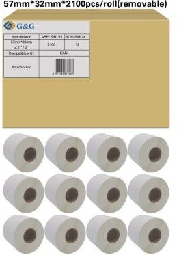 G&G Thermopapier Etiketten Weiß, kompatibel zu Zebra 800262-127, selbstklebend, ablösbar, beschichtet, perforiert, B: 57 mm, H: 32 mm, 12 x 2100 Stück - Bild 1
