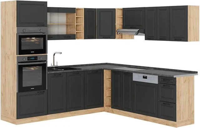 Vicco R-Line Eckküche Landhausstil in Anthrazit und Goldkraft Eiche, B/T/H: 237 x 247 x 81,6 cm - Bild 1