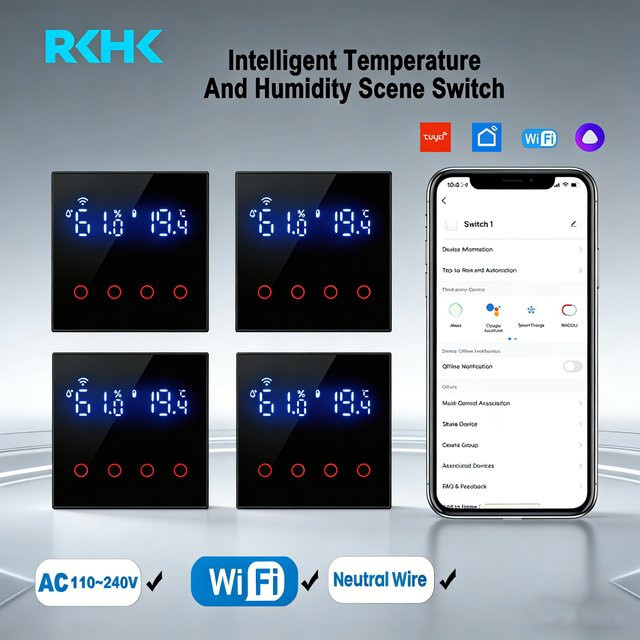 RKHK Smart-Schalter WLAN Touch-Lichtschalter mit Temperatur- und Feuchtigkeitssensor Tuya Steuerung für Amazon Alexa und Google Assistant Schwarz - Bild 1