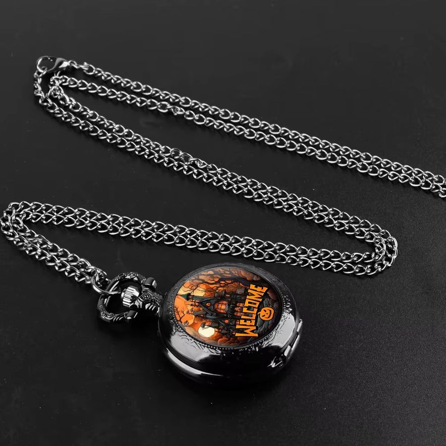 Halloween Quarz-Taschenuhr mit Glaskuppel und Kette in Schwarz mit arabischem Zifferblatt - Bild 2