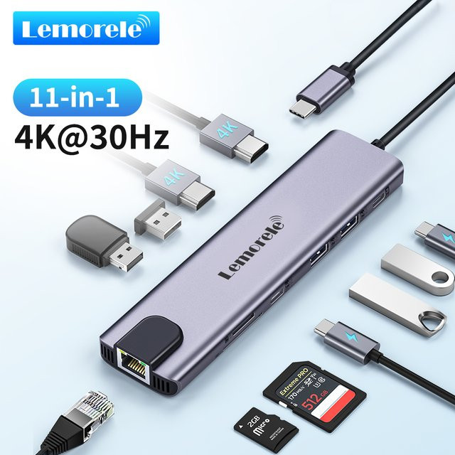 Lemorele 11-in-1 USB-C Hub in Grau mit 4K HDMI, 100W PD, RJ45 Ethernet, SD/TF-Steckplatz und 480 Mbps Datenübertragung für Mac und Windows - Bild 1