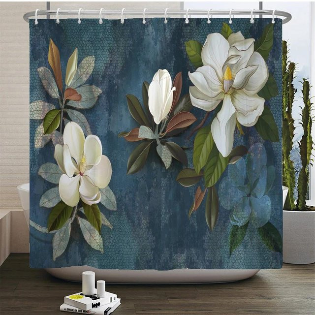 Wasserdichter Duschvorhang im chinesischen Stil mit Blumen, Vögeln und Bäumen in Blau, B/H: 90 x 180 cm - Bild 1