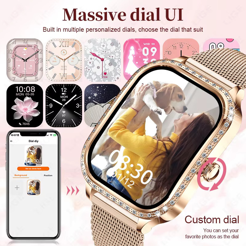 LIGE Smartwatch für Damen mit 1,75 Zoll gebogenem Bildschirm, Bluetooth-Anruffunktion, IP68 wasserdicht und Diamantgehäuse in Pink und Gold - Bild 5
