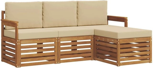 vidaXL Sofagarnitur 4-teilig aus Massivholz Akazie in Natur und Beige mit L-Form und Sitzkissen - Bild 1