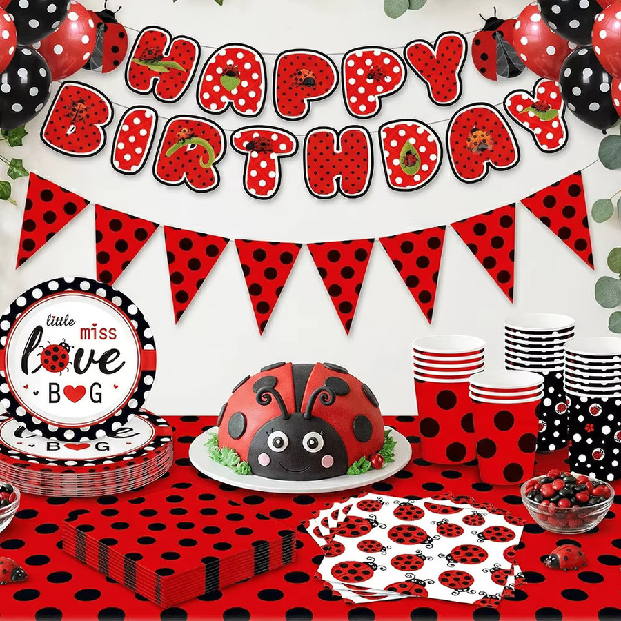 EsenTroye Party-Set Marienkäfer-Thema mit Polka-Dot-Muster in Rot und Schwarz für Kindergeburtstage und Babypartys - Bild 4