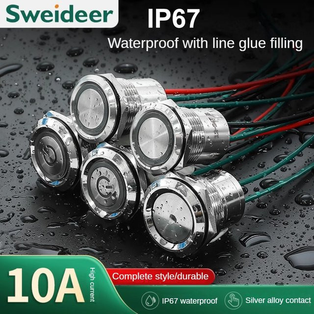Sweideer Wasserdichter Metall-Drucktastenschalter IP67 mit LED-Licht, 10A Hochstrom, Momentary oder Latching, in Rot oder Grün - Bild 1