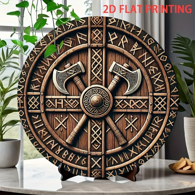Potdemiel Wikinger-Schild Wanddekoration aus Metall in Braun mit Runen-Design, Durchmesser: 20 cm - Bild 1