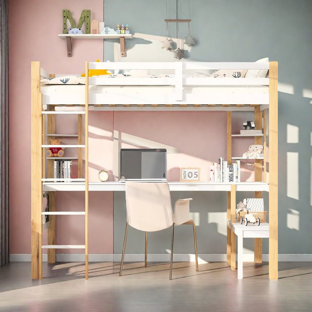Hochbett aus Metall mit Tisch und Bücherregalen für Kinder und Jugendliche, Weiß, B/T/H: 90 x 200 cm - Bild 1