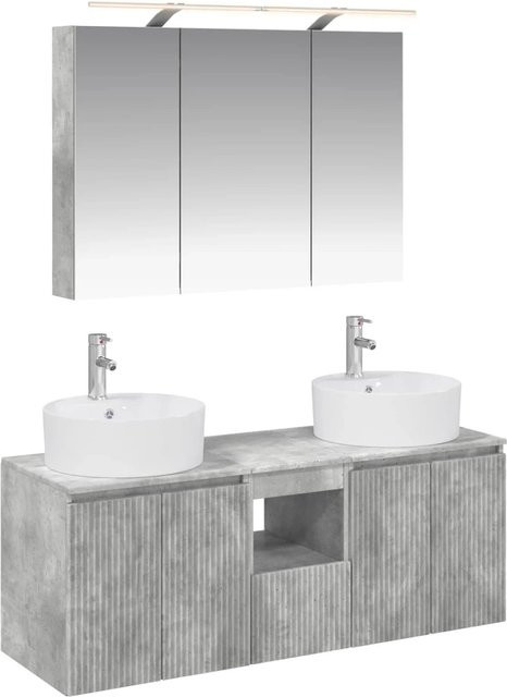 vidaXL Badezimmerschrank-Set 4-teilig in Betongrau, modernes Design mit Waschtischunterschrank, Wandunterschrank, Spiegelschrank und LED-Beleuchtung aus MDF, Wandmontage - Bild 1