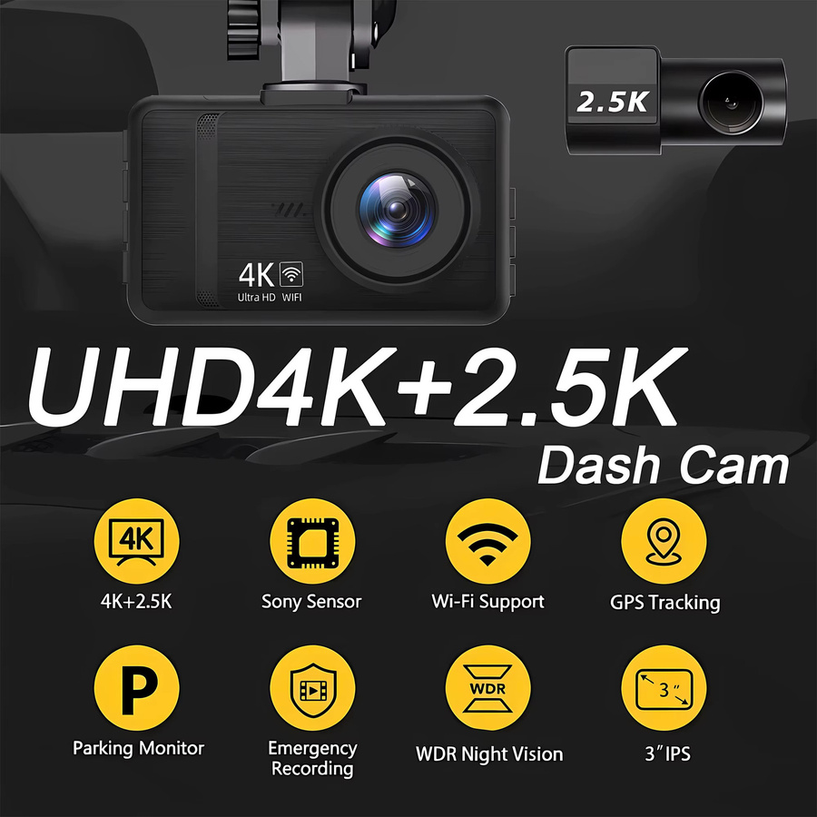4K Ultra HD Dash Cam mit OLESED Nachtsicht, 2,5K Rückfahrkamera, WiFi und GPS Logger, Schwarz - Bild 2