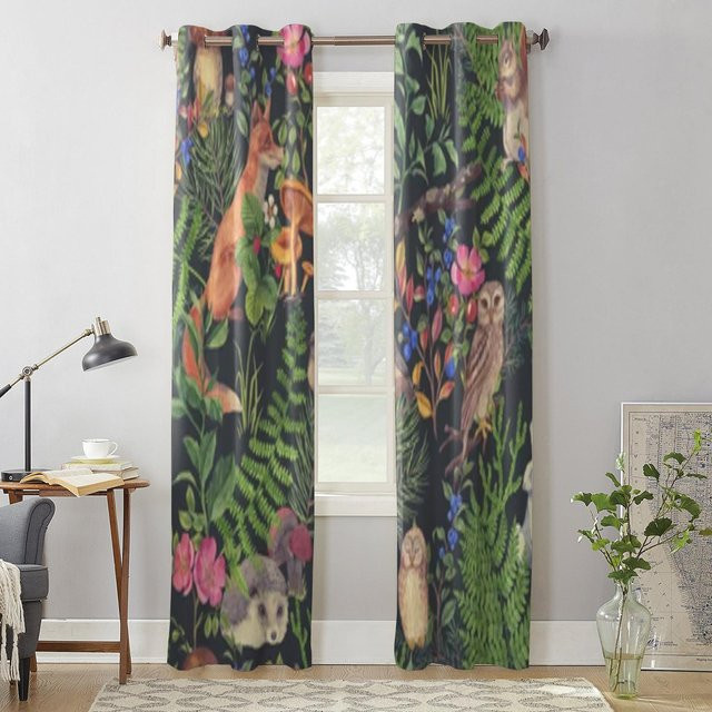 Super Six Vorhang mit Aquarell-Wald-Motiv aus Tieren und Pflanzen, halbtransparent, Mehrfarbig, B: 135 cm, H: 160 cm - Bild 1