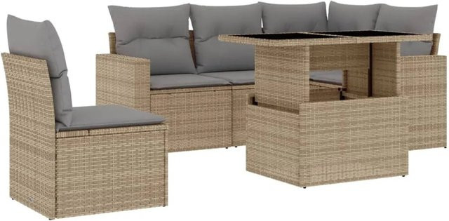 vidaXL 6-tlg Garten-Sofagarnitur in L-Form aus beigem Poly-Rattan mit Kissen und pulverbeschichtetem Stahlgestell - Bild 1