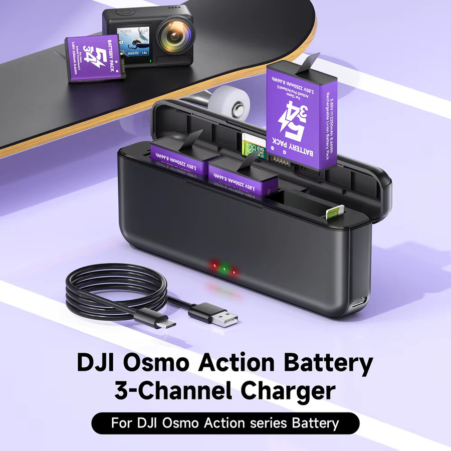 DJI Akku mit 2250mAh und 3-Kanal-Schnellladegerät für Osmo Action 5 Pro, Action 4 und Action 3 in Schwarz - Bild 2