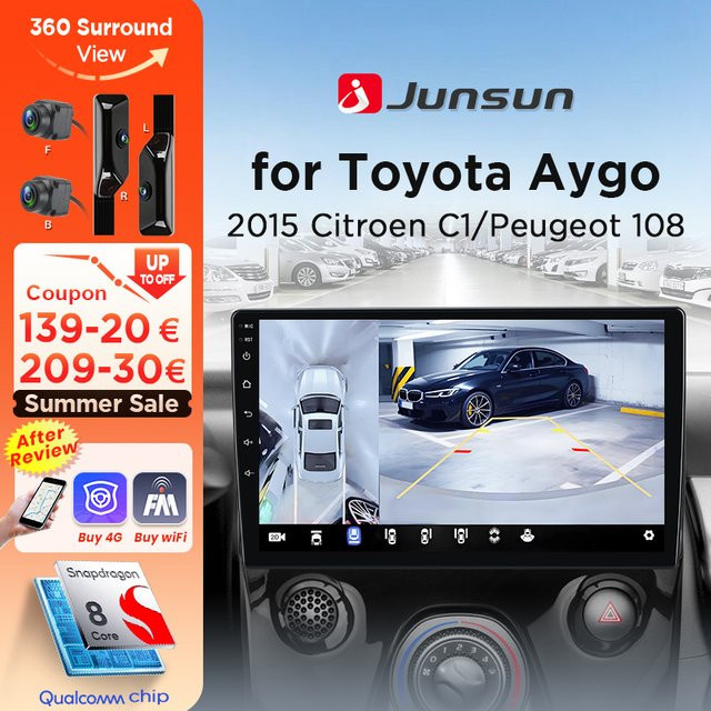 Junsun Android Auto Autoradio mit Wireless CarPlay, GPS und 360 Kamera für Toyota Aygo, Peugeot 108 und Citroen C1 (2014-2021), Schwarz - Bild 1