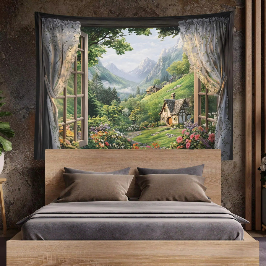 VIKAMA Wandteppich Hobbit Cottage Fensterblick Ländliche Talkulisse Multicolour B: 75,0 cm, H: 58,0 cm - Bild 2