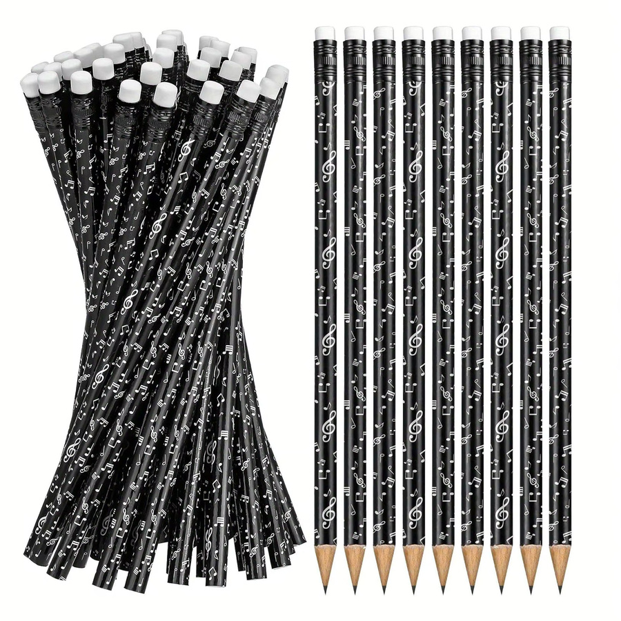 TWBEB 30 Stück HB Holzstifte mit Radiergummi in Schwarz mit Musiknoten-Design zum Zeichnen und Schreiben - Bild 6