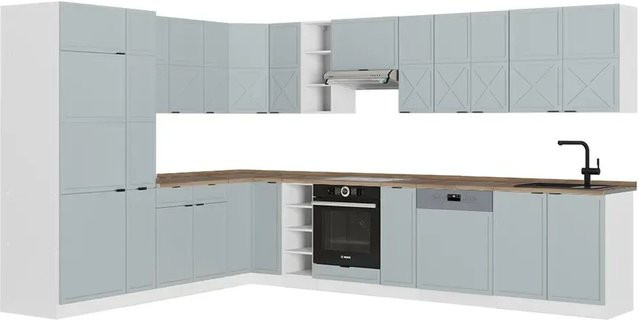 Vicco Fame-Line Eckküche in Hellblau-Grau/Weiß mit Eiche-Optik, B/T/H: 347 x 257 cm - Bild 1
