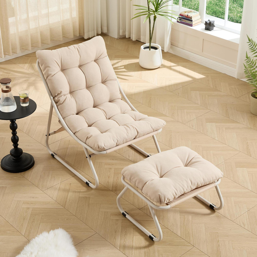 Outdoor-Lounge-Sessel mit Hocker und Polsterkissen in Beige mit Stahlrahmen und Sling-Gewebe - Bild 2