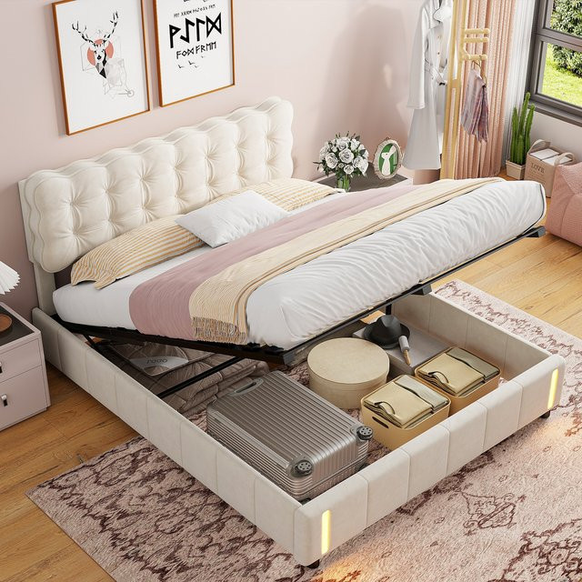 Superaly Polsterbett mit Stauraum und Lichtleiste, Doppelbett aus Samt in Beige, B/T: 160 x 200 cm - Bild 1