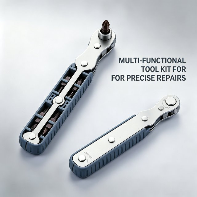 Rechtwinkliger Offset-Ratschenschlüssel mit bidirektionaler Rotation und Bit-Set für Kreuz, Torx und Sechskant in Silber - Bild 1