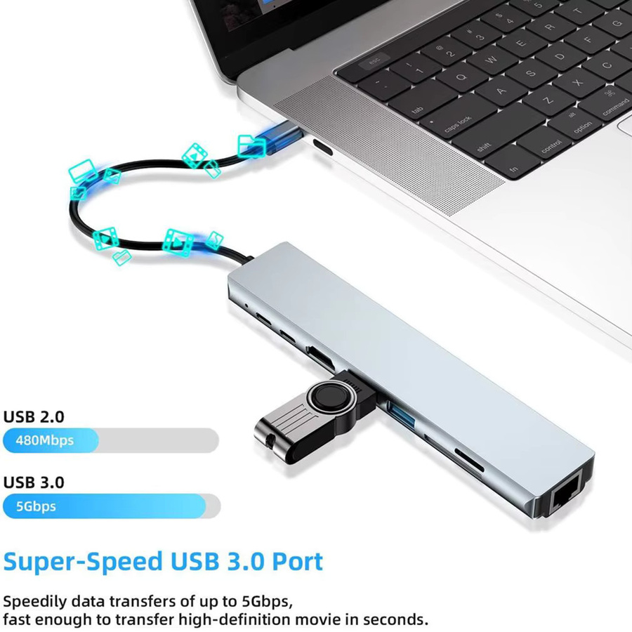 8-in-1 USB-C Docking Station Hub mit HDMI, RJ45 Ethernet, USB 3.0 und SD/TF Kartenleser in Schwarz - Bild 5