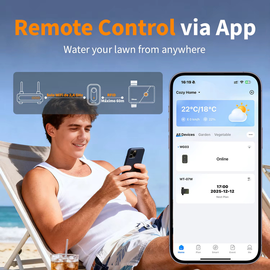 Diivoo WLAN-Bewässerungstimer für 1 Zone, intelligenter programmierbarer automatischer Bewässerungscontroller für deinen Garten und Rasen, Schwarz - Bild 4