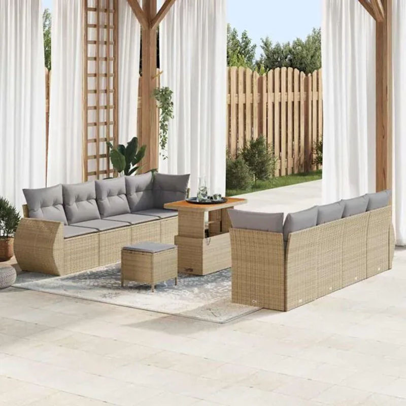 vidaxl Garten-Sofa-Set aus 11 Teilen in Beige, modulares Polyrattan-Set mit Fußhocker und gepolsterten Segmenten - Bild 1