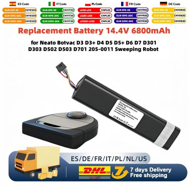 Neato Ersatzakku 14,4 V 6800 mAh in Schwarz für Botvac D3 D4 D5 D6 D7 D301 D303 D502 D503 D701 205-0011 Kehrroboter - Bild 1