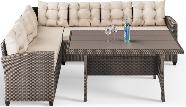 CASARIA Polyrattan Ecklounge in Beige mit Kissen und Outdoor-Couchtisch, L-Form, UV-beständig, B/T/H: 223 x 223 x 73 cm - Bild 1