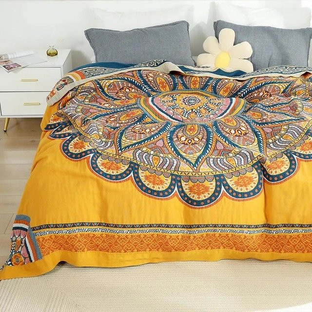 Deine Warm Home Baumwolldecke Mandala Boho Überwurf in Gelb, B/B: 200 x 230 cm - Bild 1