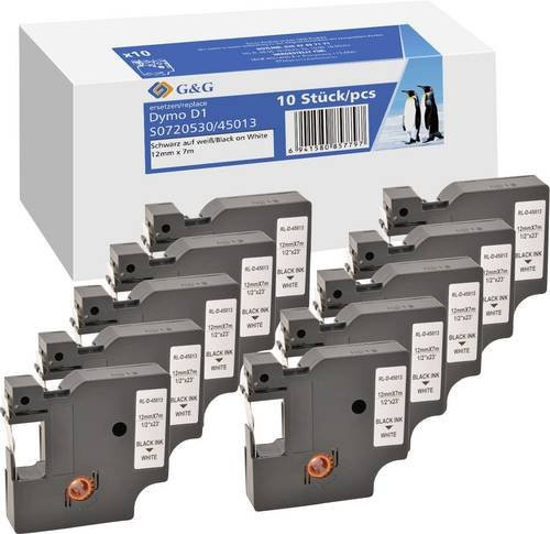 G&G 10er Set Beschriftungsband kompatibel mit DYMO 45013, Farbe Weiß mit schwarzer Schrift, Breite: 12 mm, Länge: 7 m pro Band - Bild 1