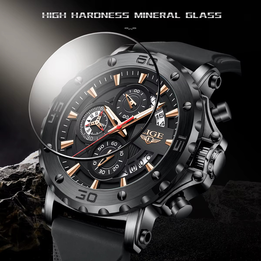 LIGE Chronograph Armbanduhr, Quarz, Silikon, Schwarz, Herren - Bild 5