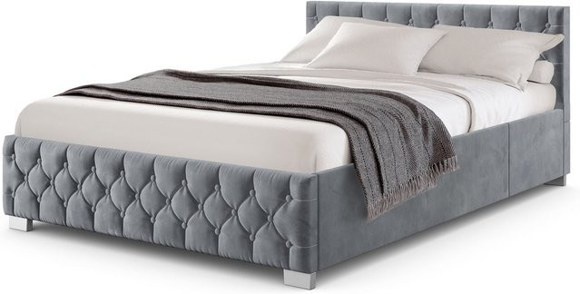 Juskys Polsterbett Nizza mit Bettkasten und LED-Beleuchtung in Grau, Samt mit Chesterfield-Steppung, B/T/H: 140 x 200 x 54 cm - Bild 1