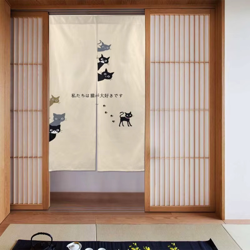 VIKAMA Türvorhang im japanischen Stil mit Katzenmuster in Beige, Sichtschutz und Dekoration für Schlafzimmer und Küche, Breite: 80 cm, Höhe: 150 cm - Bild 2