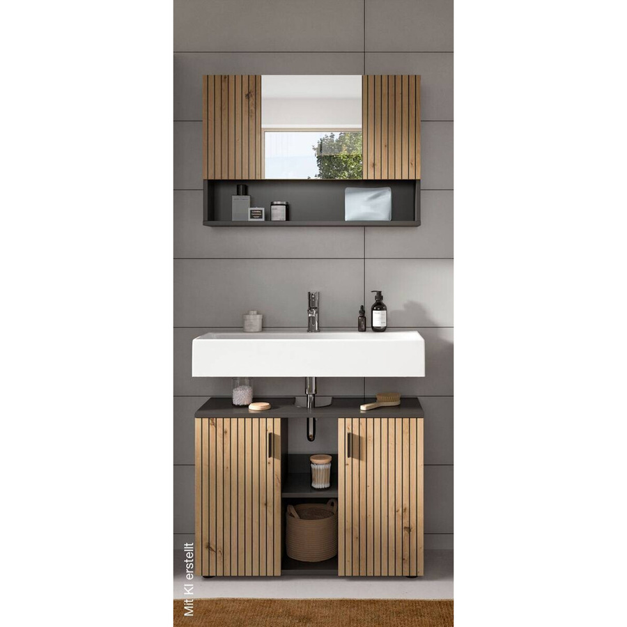 Badezimmer-Set Mone von xonox.home in Basalt Nachbildung und Artisan Oak Nachbildung, bestehend aus Waschtischunterschrank und Spiegelschrank, Grau und Braun, B/H/T: 80 x 180 x 30 cm - Bild 2