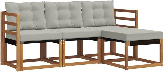vidaXL Outdoor-Sofagarnitur 4-teilig aus Akazienholz und Textilene in L-Form mit Kissen, Farbe: Natur und Grau - Bild 1