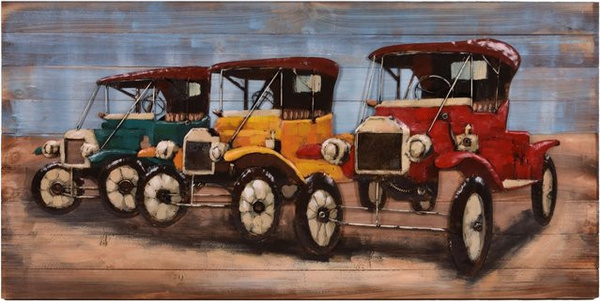 DELUKE 3D-Metallbild Oldtimer in Bunt aus Stahl, Wandbild für Wohnzimmer und Büro, Höhe: 140 cm, Breite: 70 cm, Tiefe: 5 cm