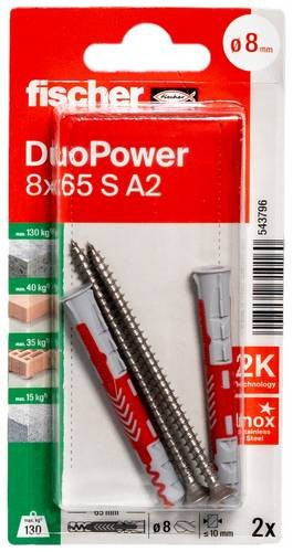 Fischer DuoPower Universaldübel aus Nylon in Grau und Rot, Durchmesser: 8 mm, Länge: 65 mm - Bild 1