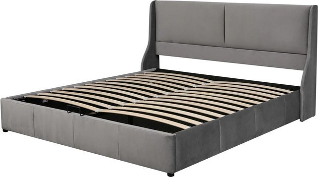 okwish Doppelbett mit hydraulischem Lift-up-Boden aus Samt in Grau, B/T/H: 180 x 200 x 100,5 cm (Höhe: 188 cm, Gesamtlänge: 209 cm) - Bild 1