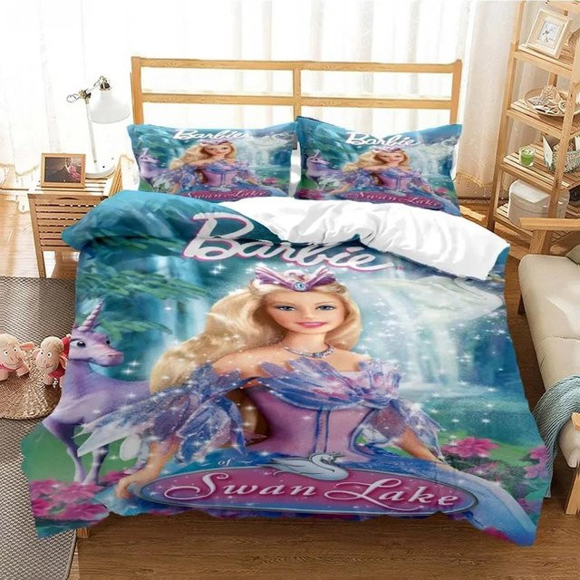 Barbie Bettwäsche-Set mit Cartoon Anime Motiv in Blau, 3-teiliges Set aus Steppdeckenbezug und Kissenbezug aus Mikrofaser, B/H: 173 x 218 cm - Bild 1